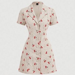 Cherry Mini Dress Size M Cottagecore Coquette Button Front Collared A-Line